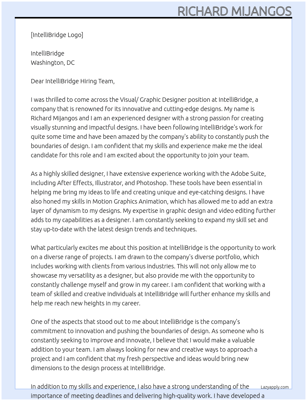Visual/ Graphic Designer At IntelliBridge Cover Letter