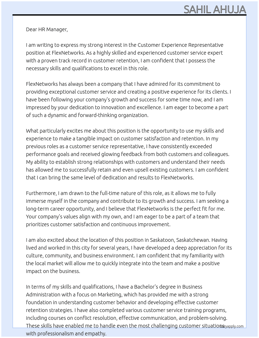 Customer Experience Representative  At FlexNetworks Cover Letter