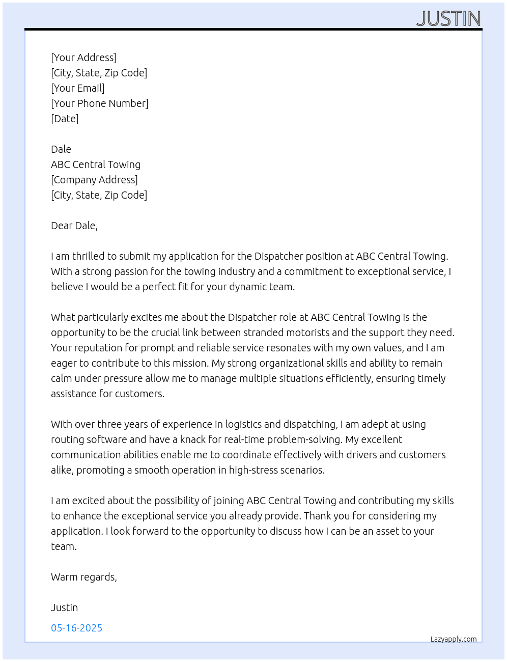 Dispatcher At ABC Central Towing Cover Letter