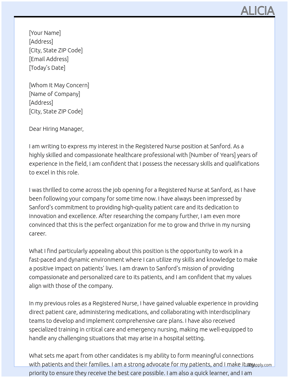 Registered Nurse At Sanford Cover Letter