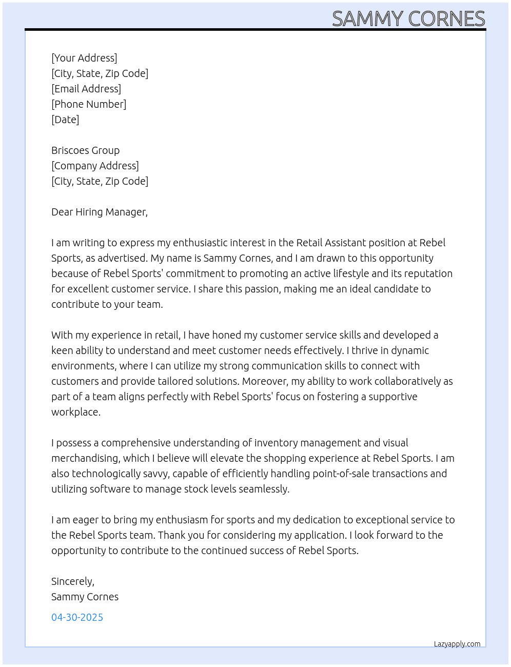 Retail Assistant At Rebel Sports Cover Letter
