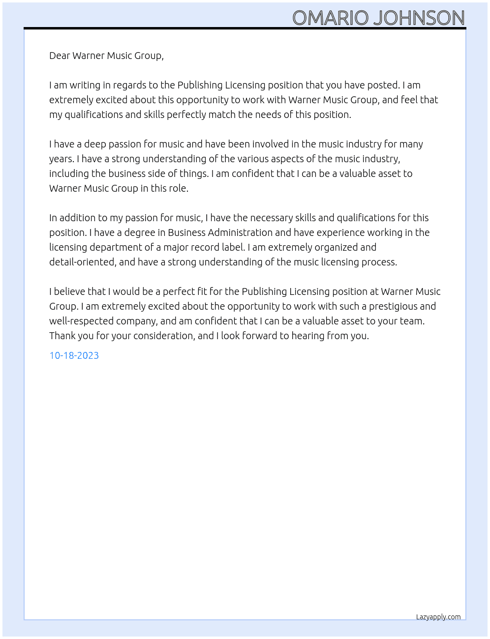 Publishing Licensing At Warner Music Group Cover Letter