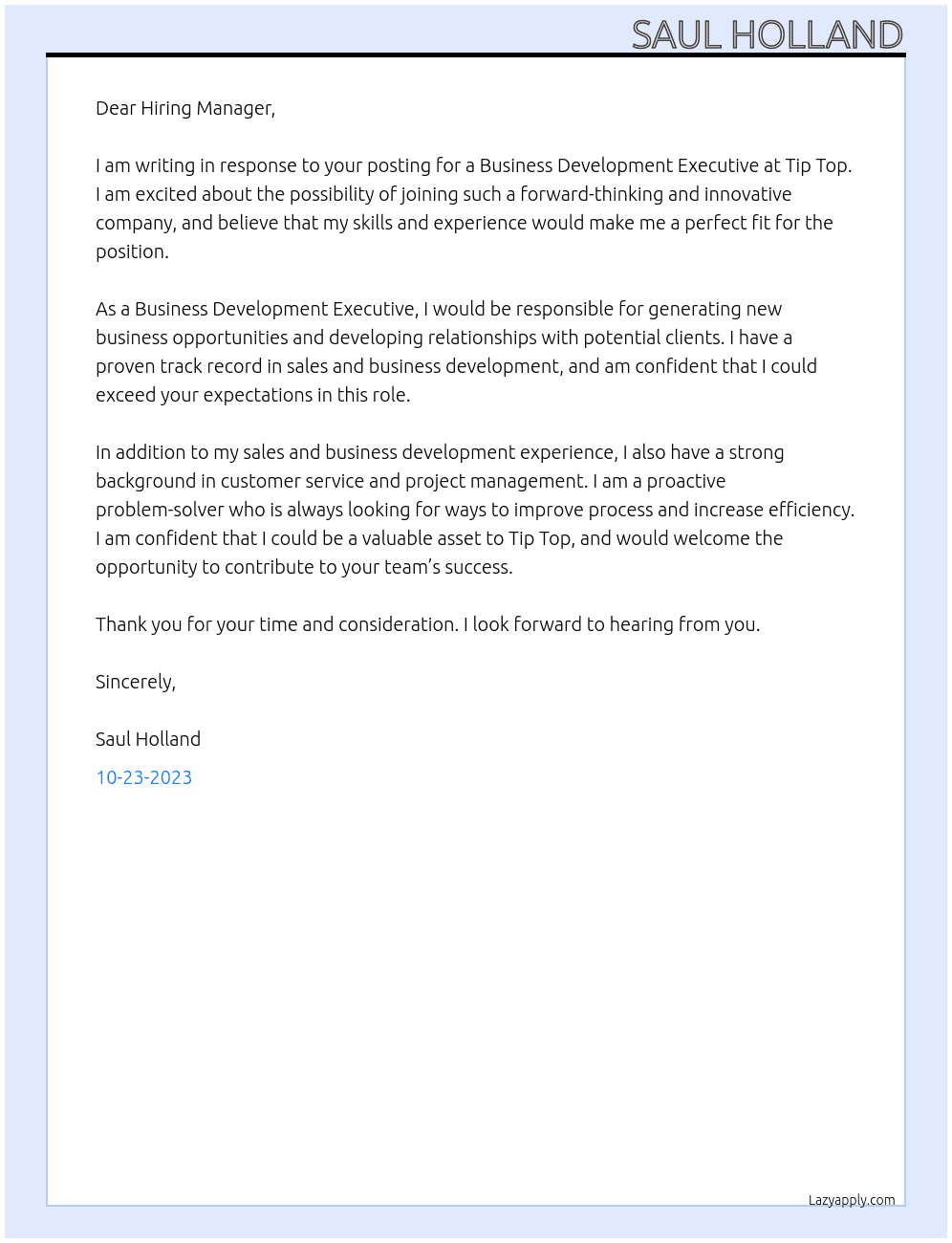 Business Development Executive At Tip Top Cover Letter
