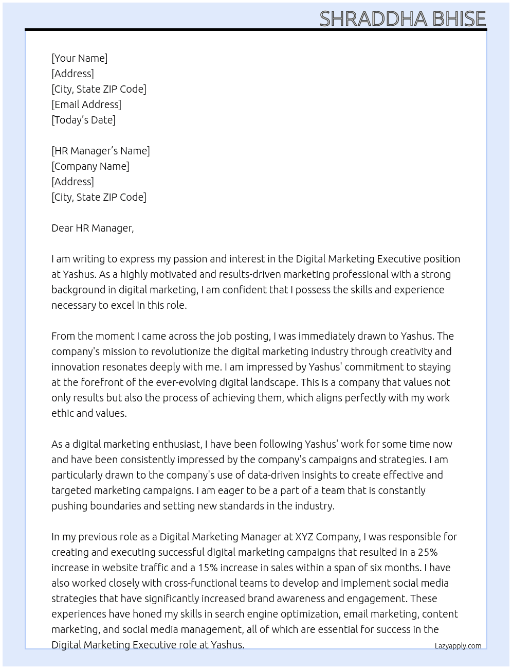 Digital marketing executive At Yashus Cover Letter