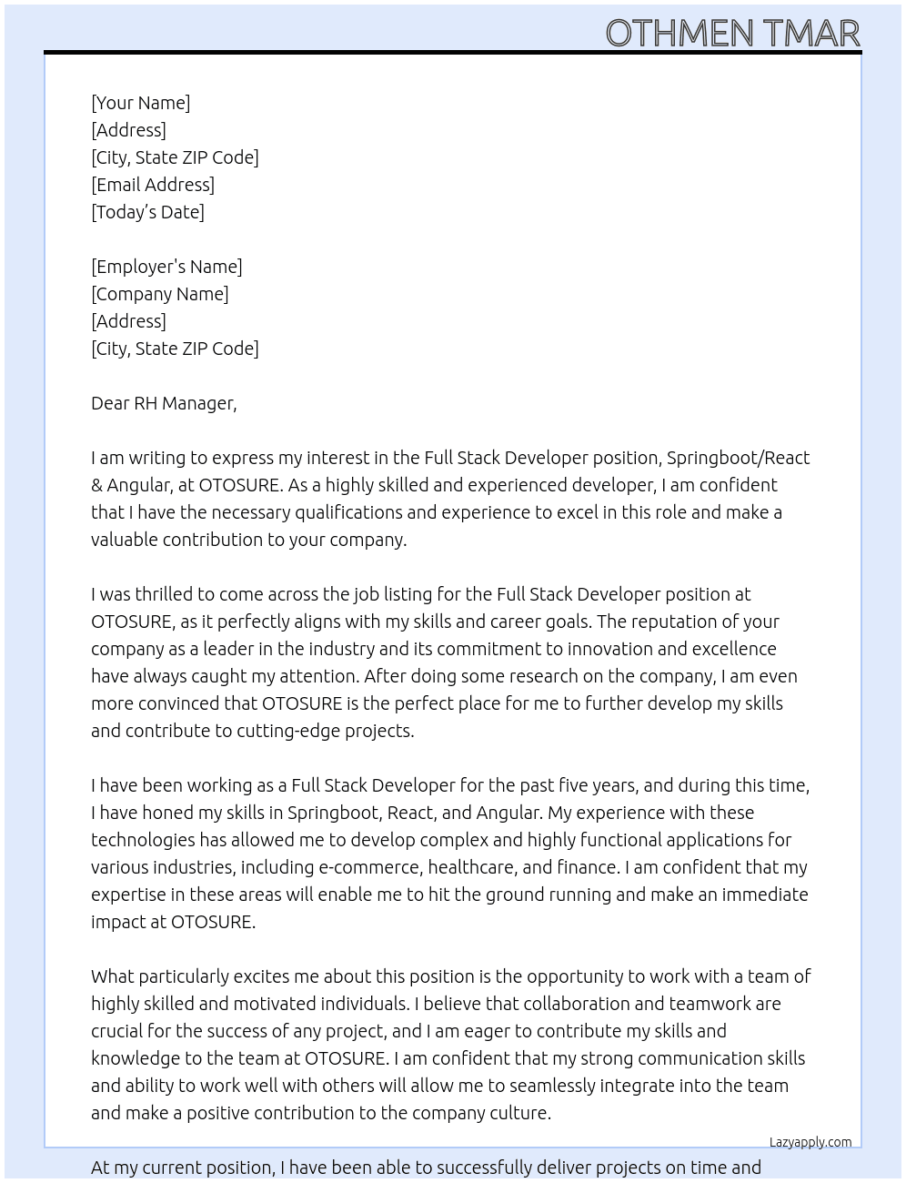 Full stack developer Springboot/React & Angular At OTOSURE Cover Letter