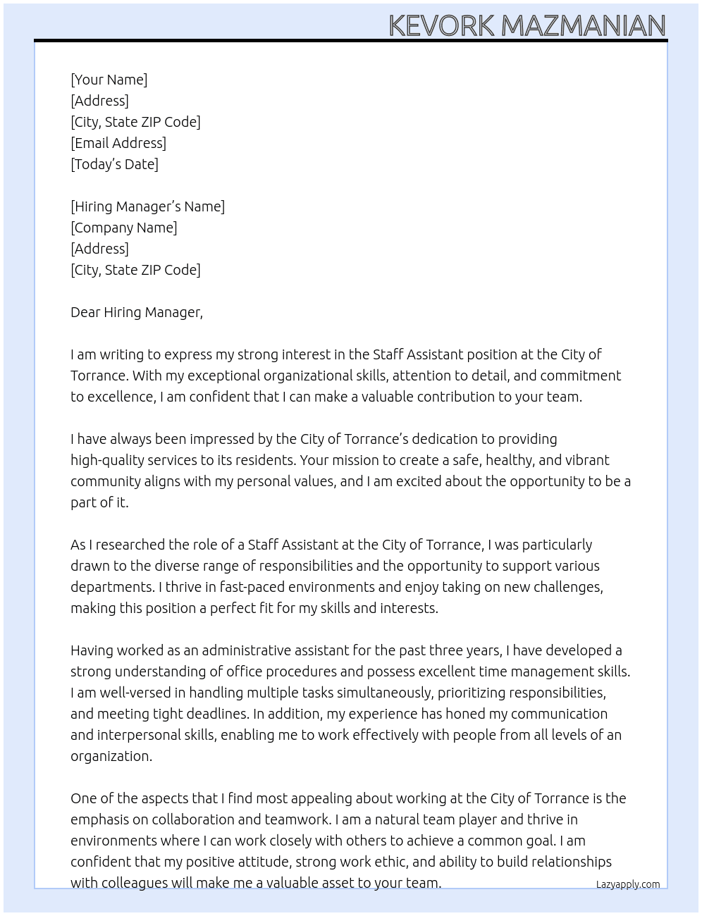 Staff Assistant At City of Torrance Cover Letter