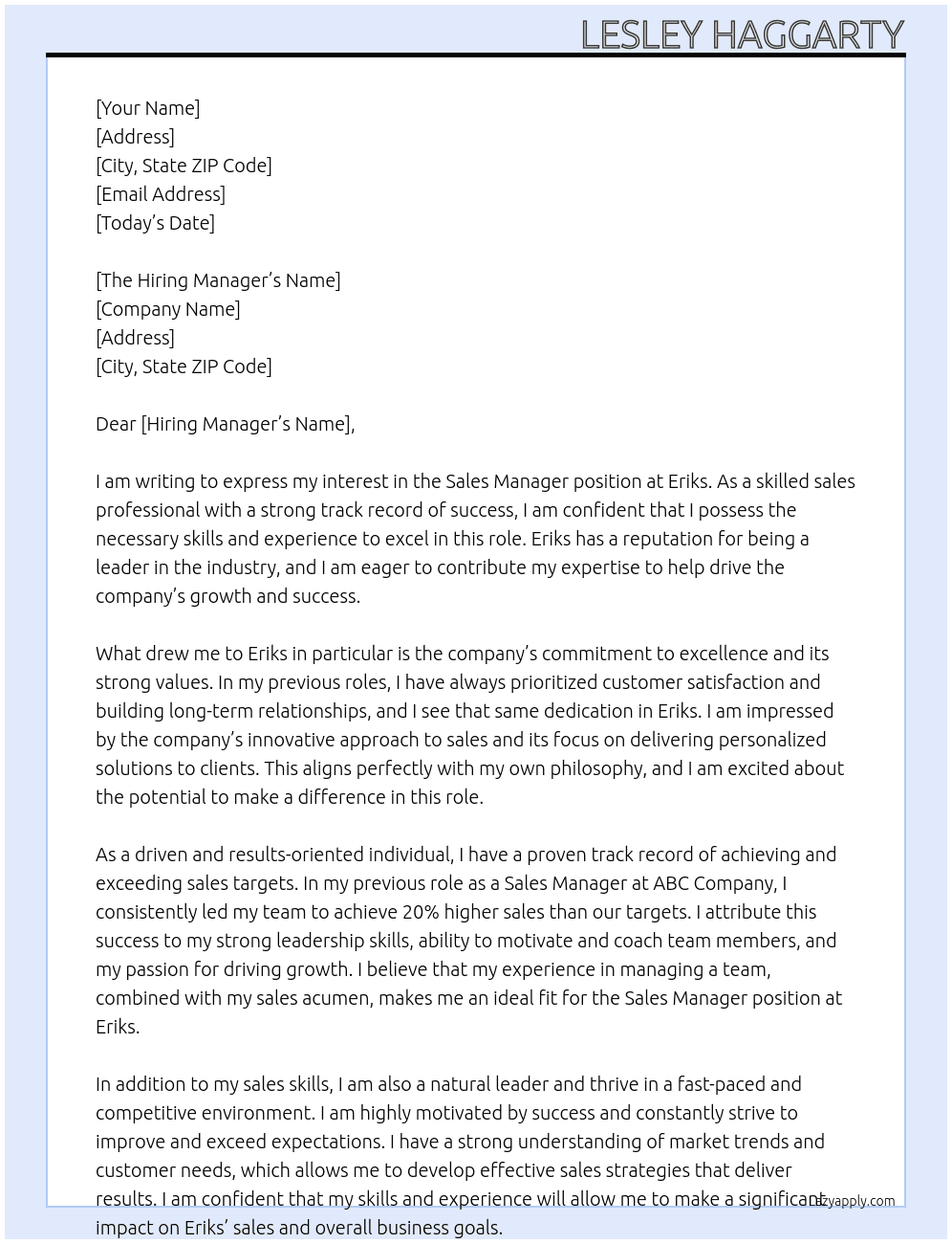 sales manager At Eriks Cover Letter