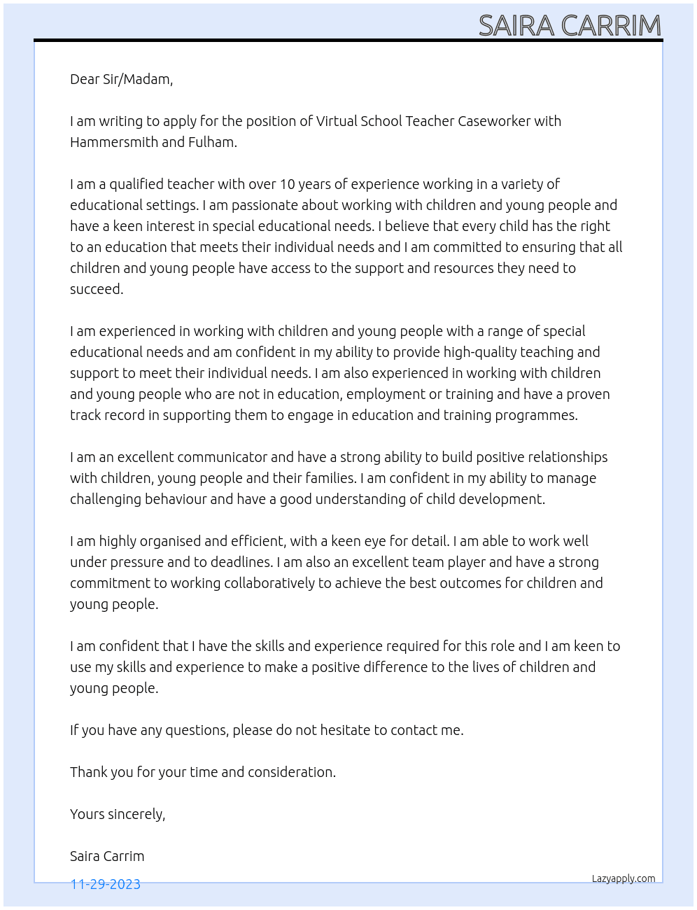 VIRTUAL SCHOOL TEACHER CASEWORKER At Hammersmith and Fulham Cover Letter