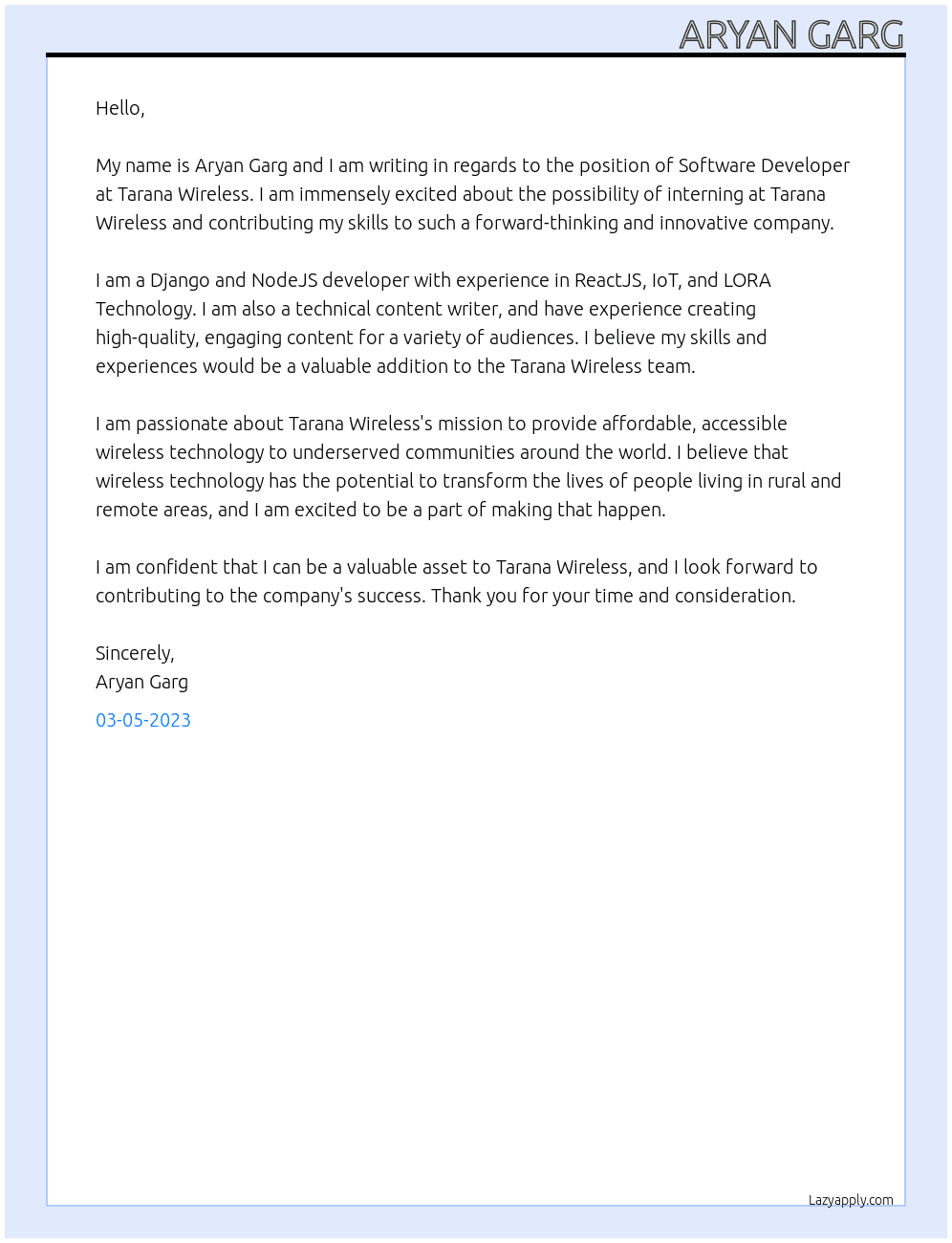 Software Developer At Tarana Wireless Cover Letter