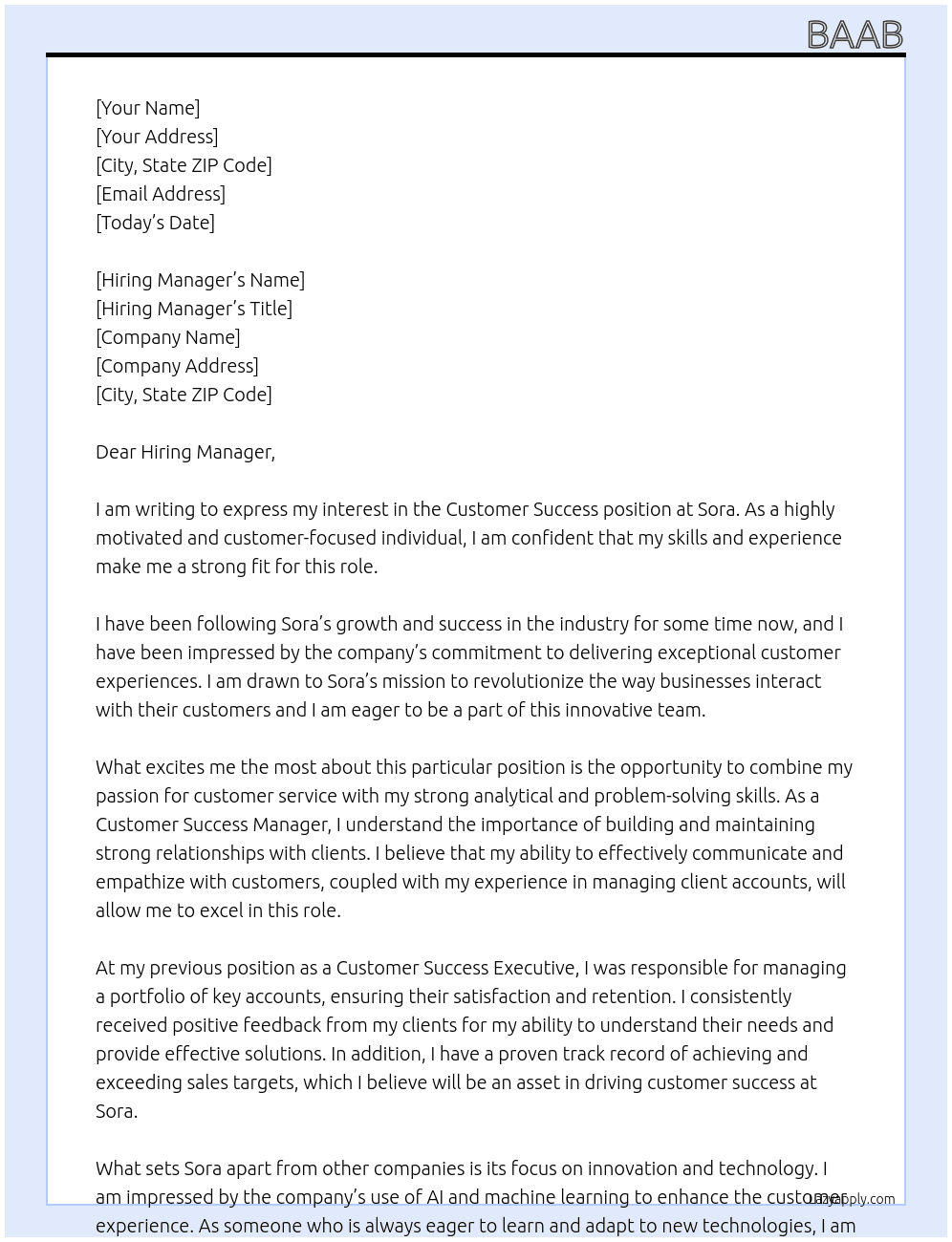 Customer success  At Sora  Cover Letter