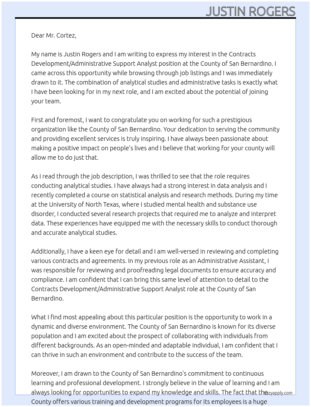 Contracts Development/Administrative Support Analyst At County of San Bernardino Cover Letter