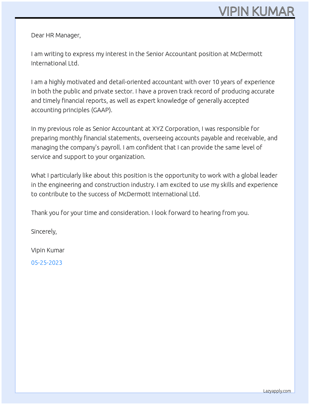 Senior Accountant At McDermott International Ltd Cover Letter
