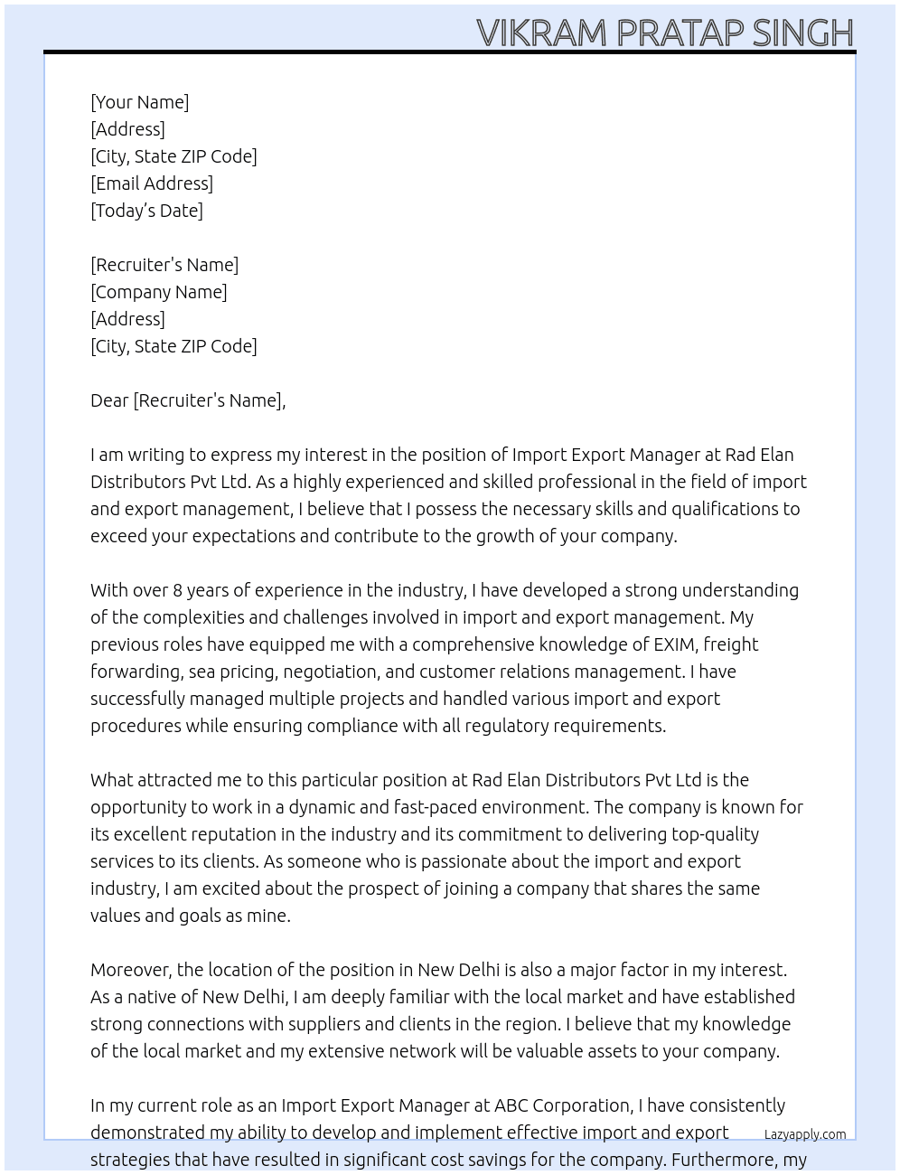 Import Export Manager At Rad Elan Distributors Pvt Ltd Cover Letter