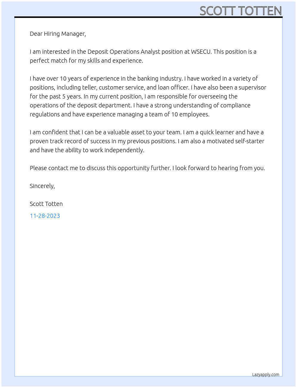 Deposit Operations Analyst At WSECU Cover Letter