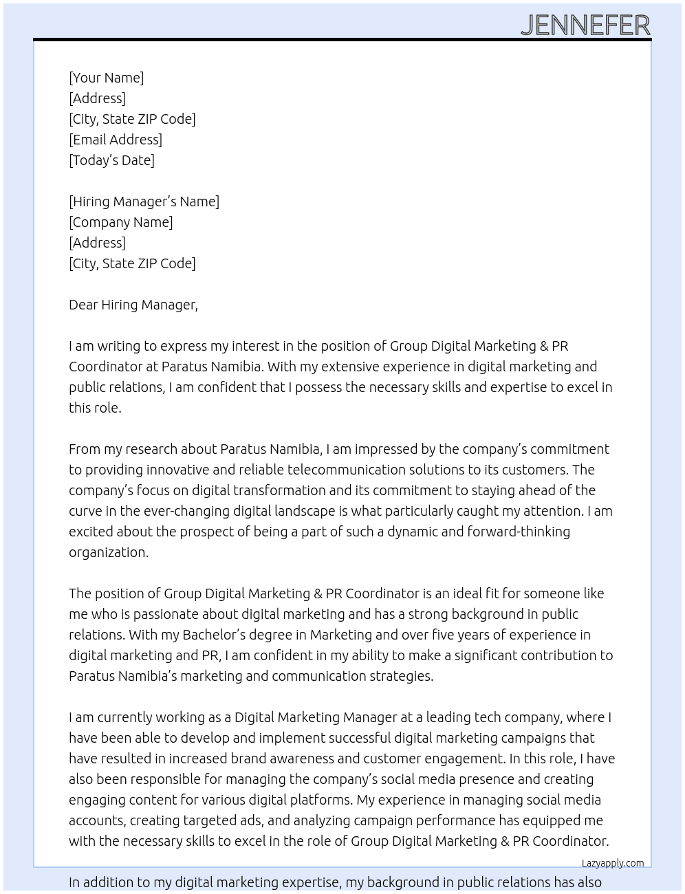 Group Digital Marketing & PR Coordinator At Paratus Namibia Cover Letter