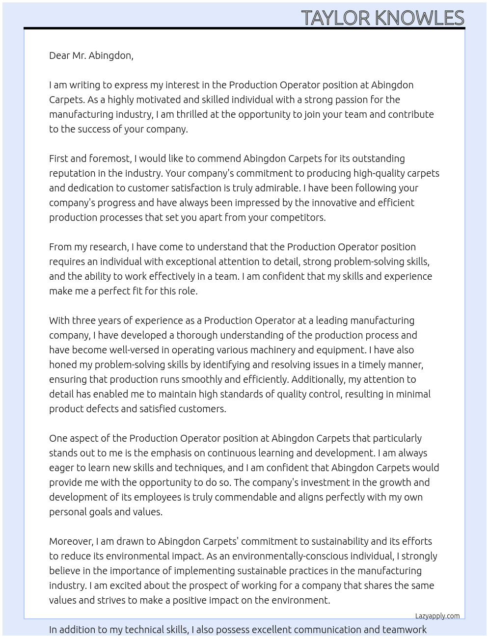 Production operator At Abingdon Carpets Cover Letter