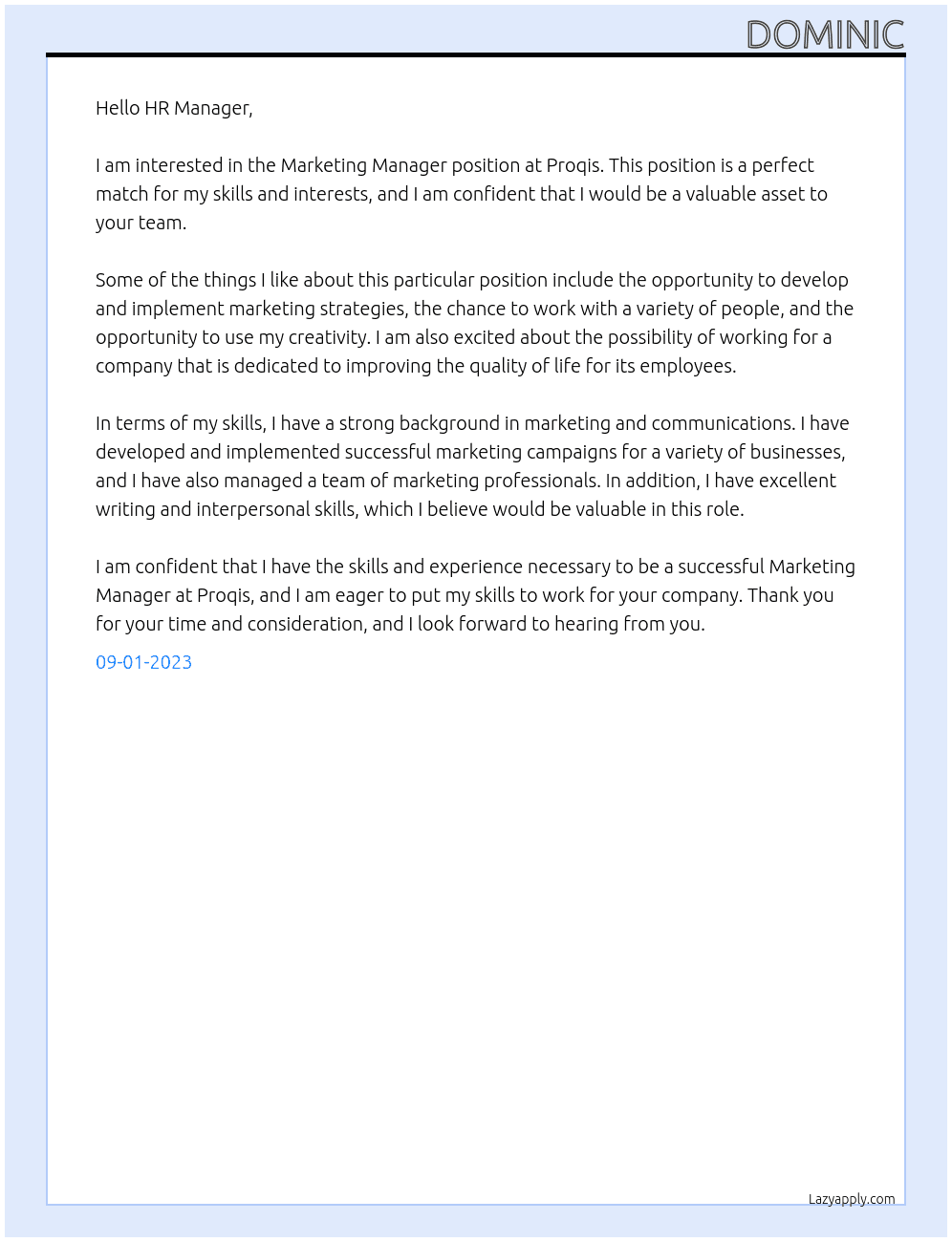 Marketing Manager At Proqis Cover Letter