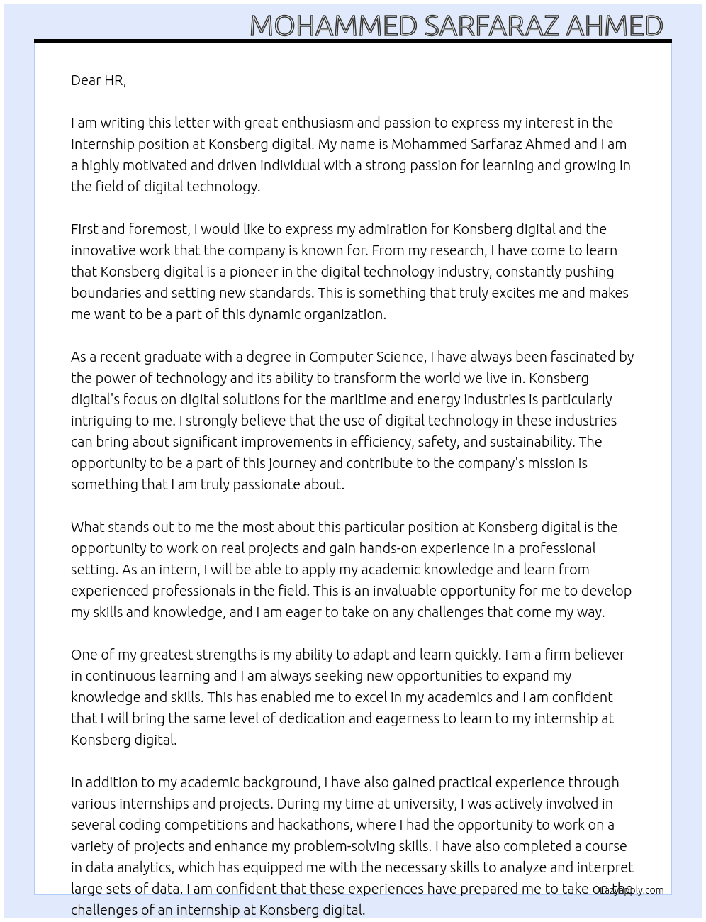 Internship At Konsberg digital Cover Letter