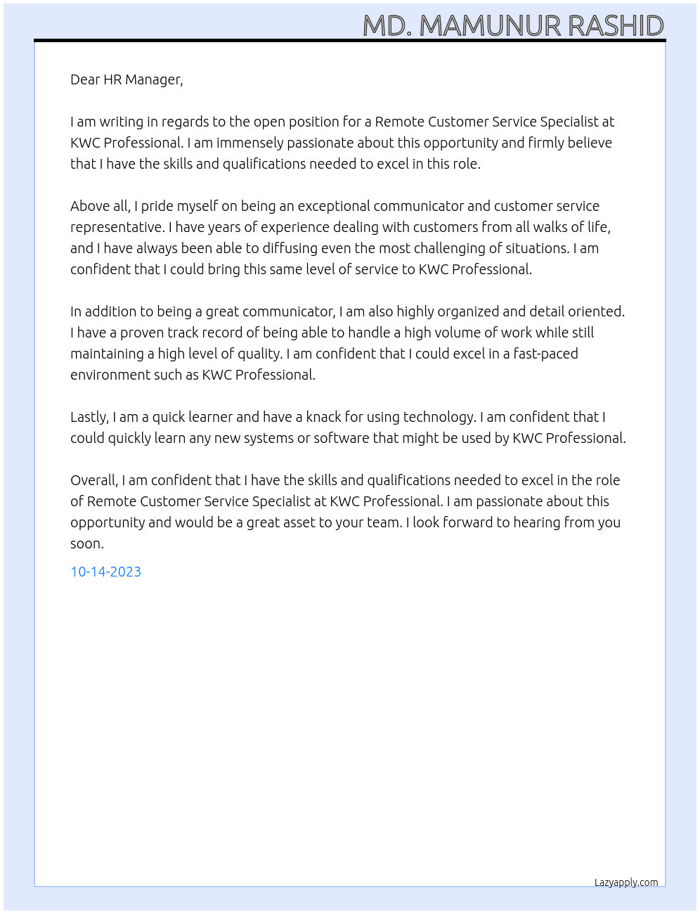 Remote Customer Service Specialist At KWC Professional Cover Letter