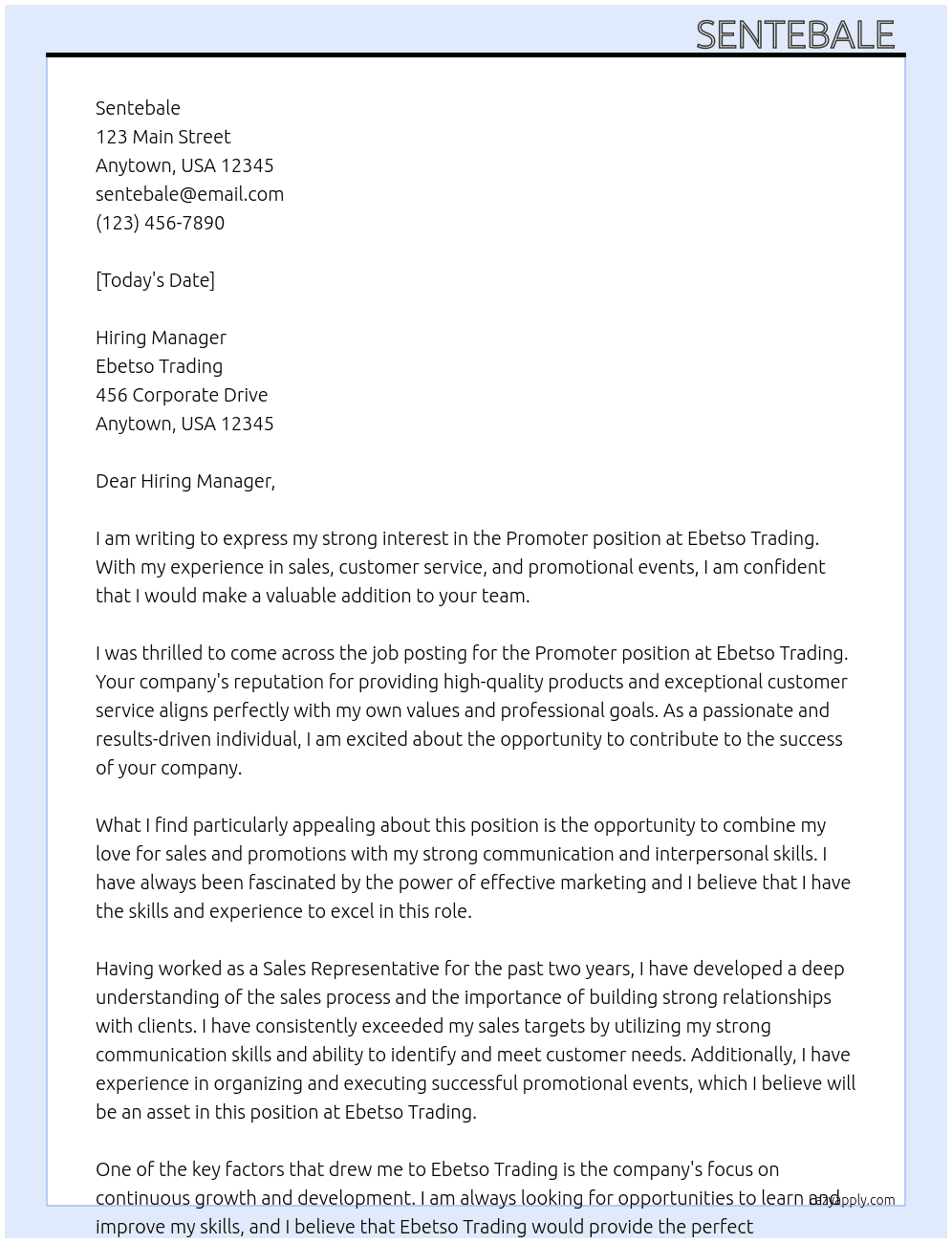Promoter  At Ebetso Trading  Cover Letter