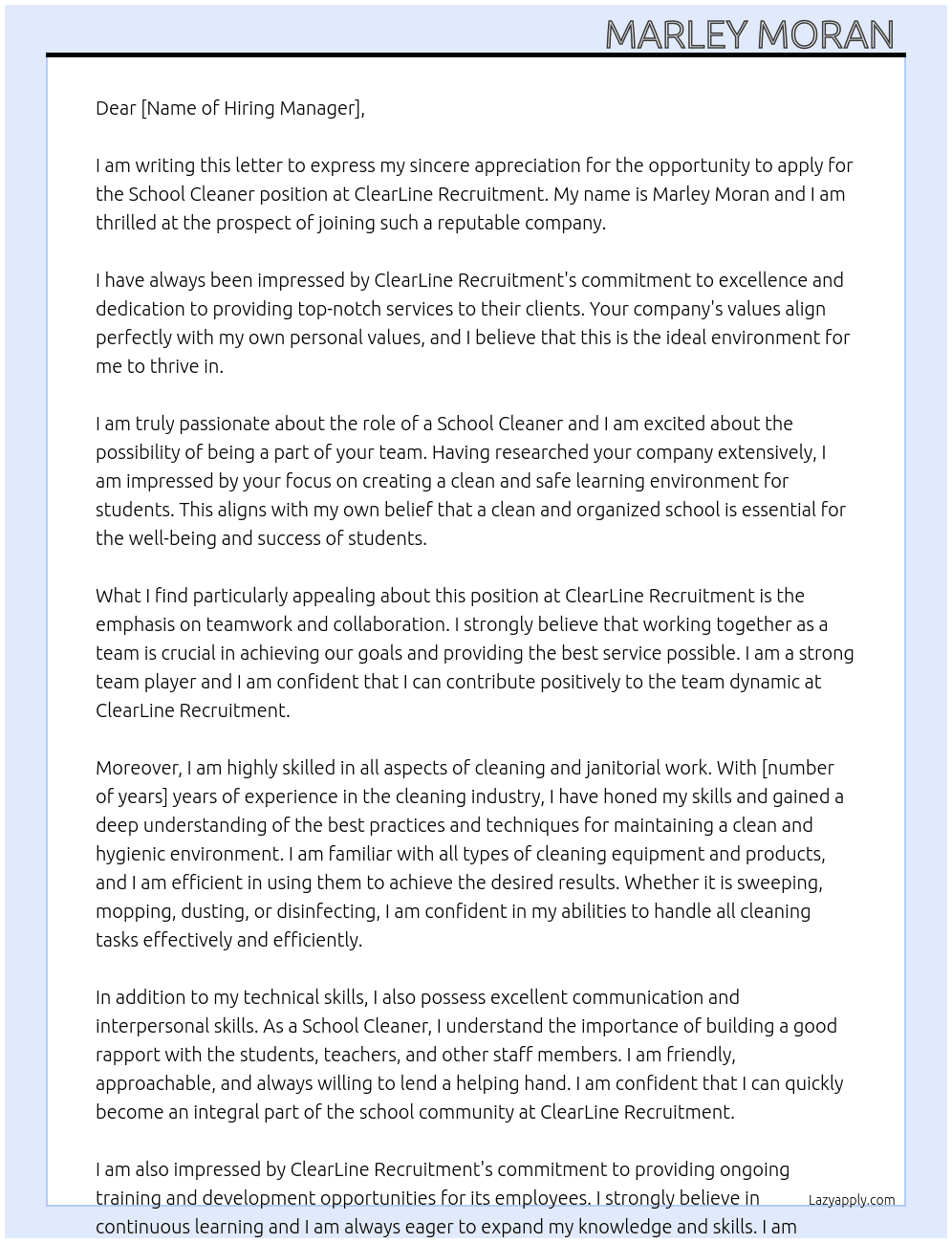 School cleaner At ClearLine recruitment  Cover Letter
