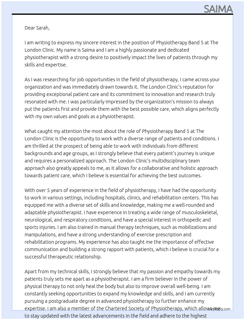 physiotherapy band 5 At The London Clinic Cover Letter