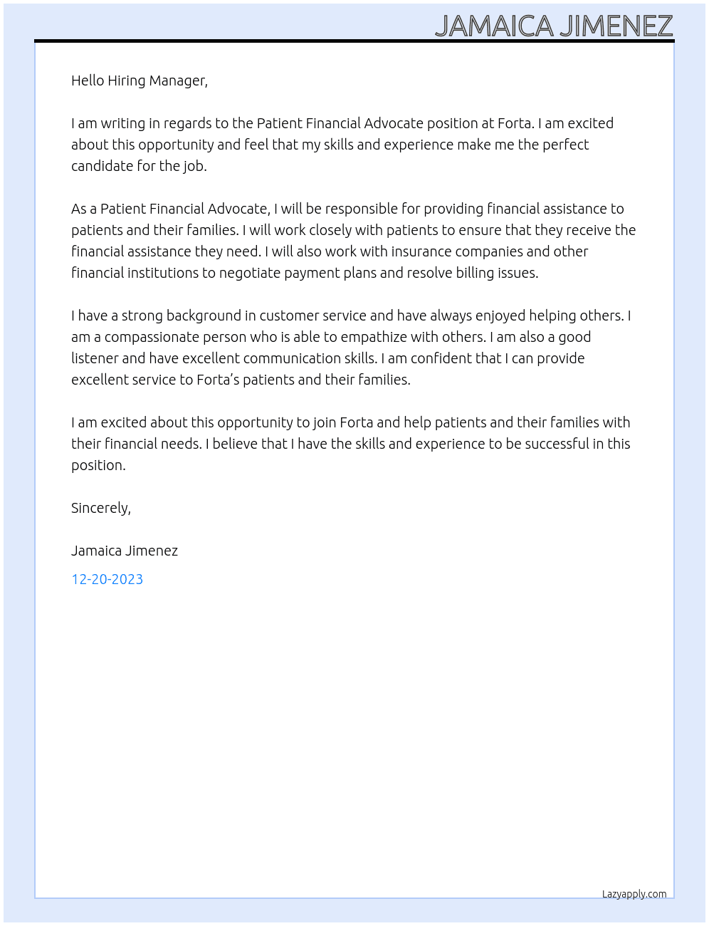 Patient Financial Advocate At Forta Cover Letter