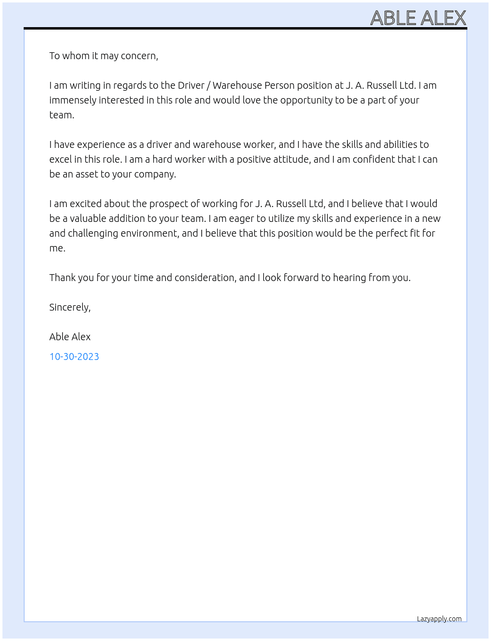 Driver / Warehouse Person At J. A. Russell Ltd Cover Letter