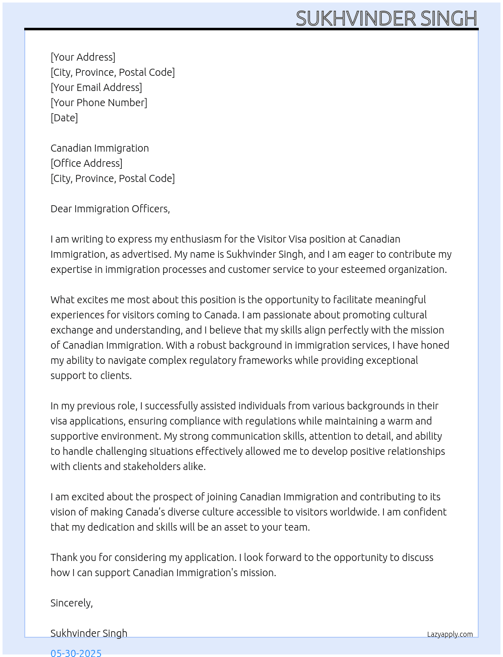 Visitor visa At Canadian immigration  Cover Letter