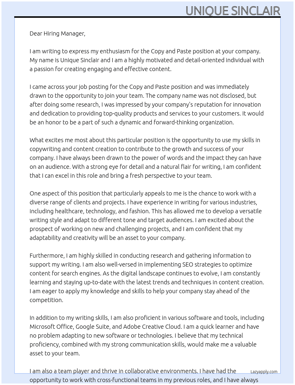 copy and paste At unknown Cover Letter