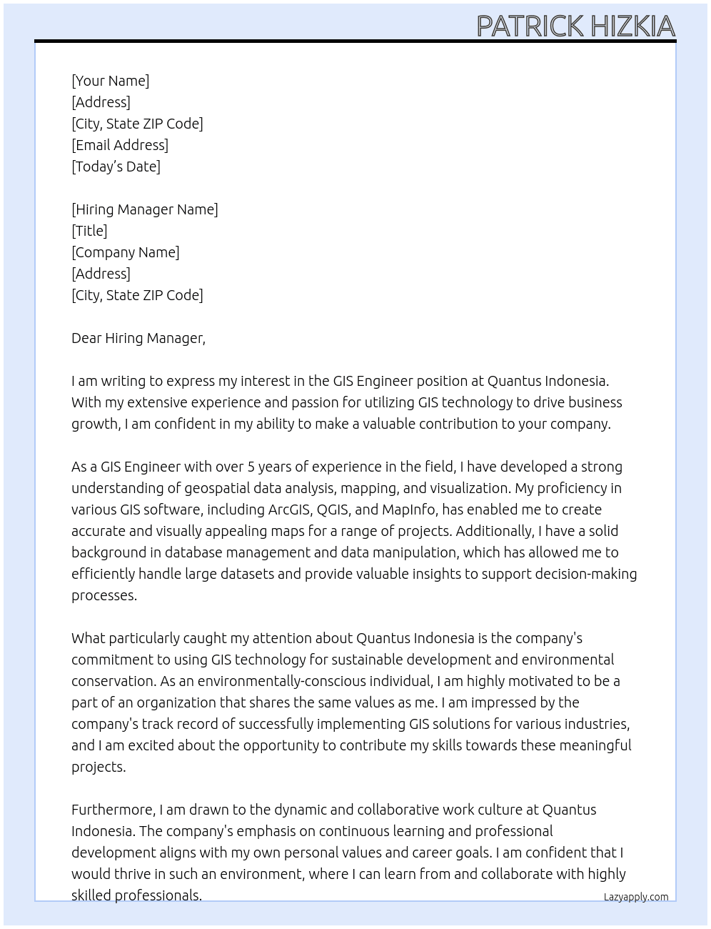 GIS Engineer At Quantus Indonesia Cover Letter