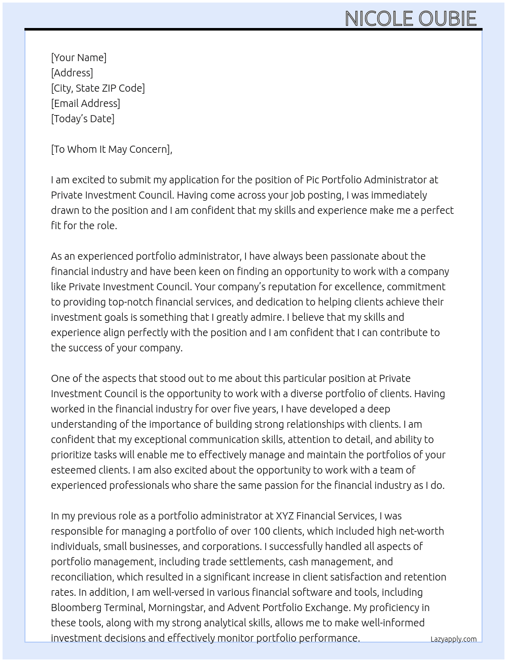 Pic portfolio Administer  At Private investment council  Cover Letter