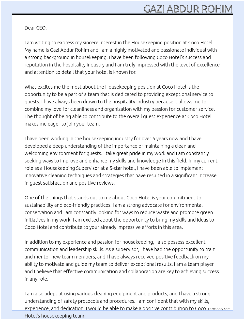 housekeeping  At Coco hotel Cover Letter