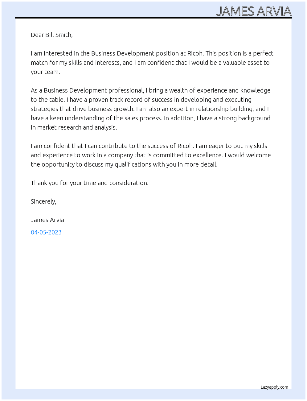 Business development At Ricoh Cover Letter