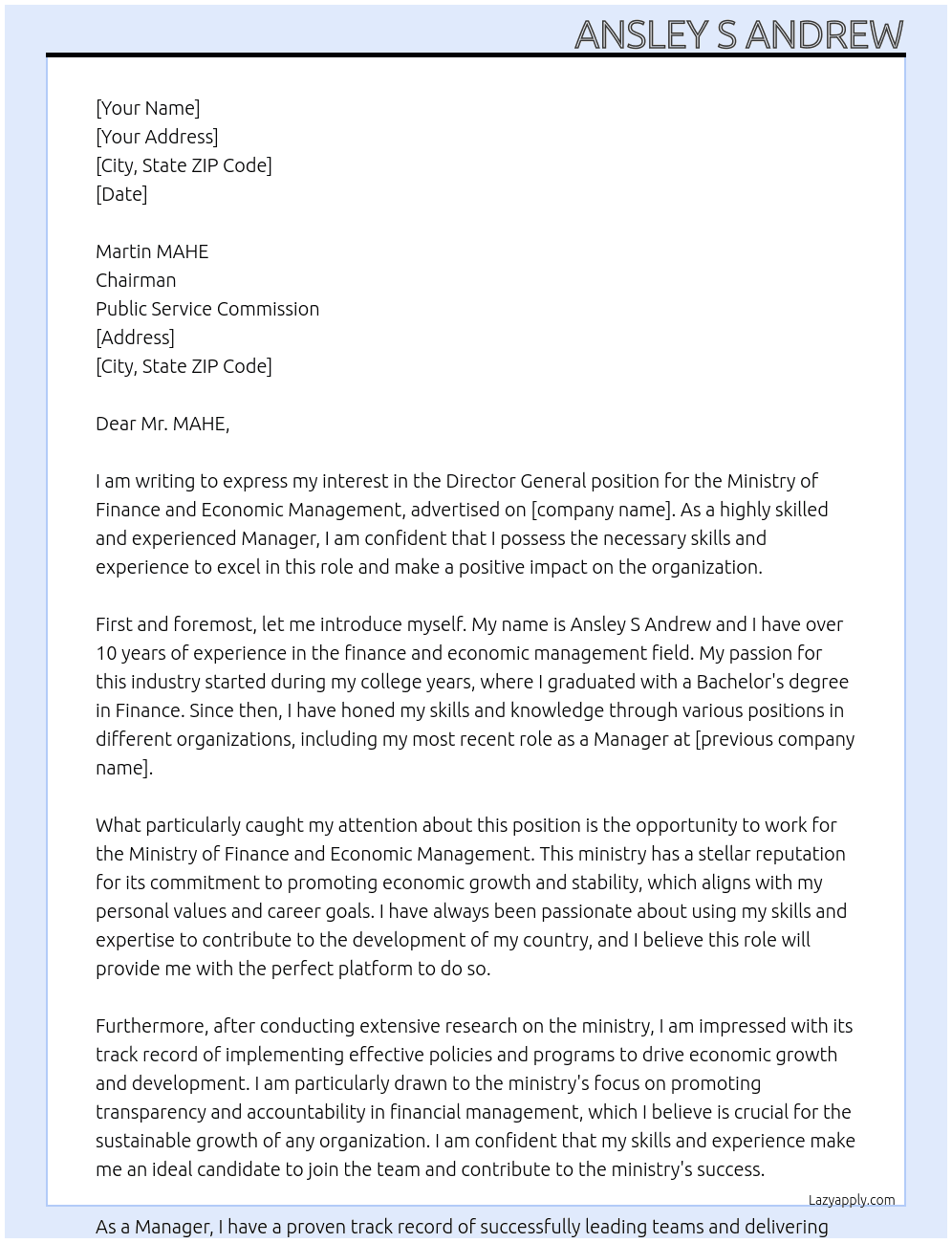 Director General for Ministry of Finance and Economic Management At Ministry of Finance and Economic Management Cover Letter