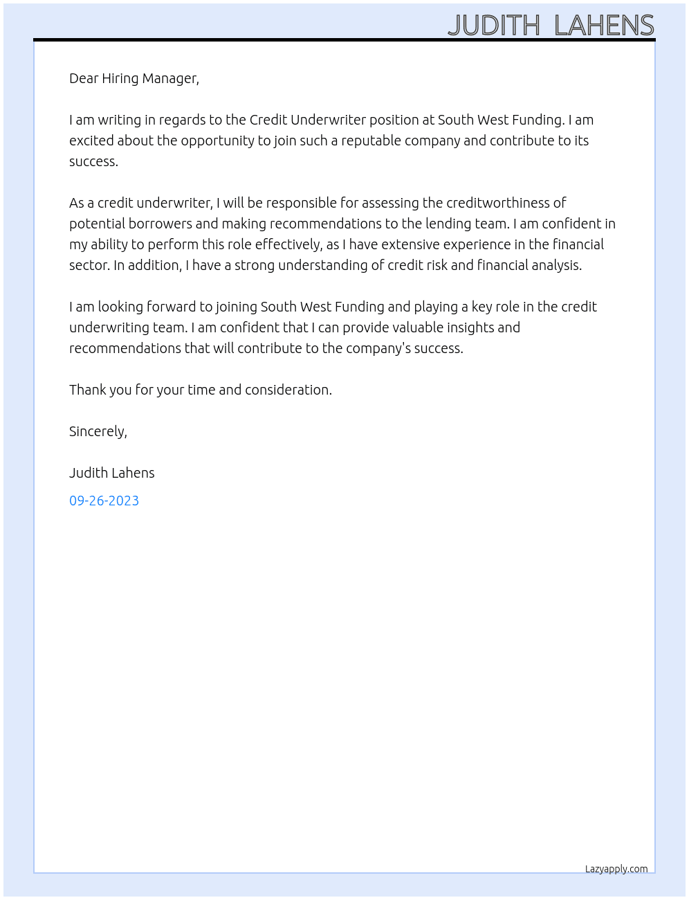 Credit Underwriter At South West Funding  Cover Letter