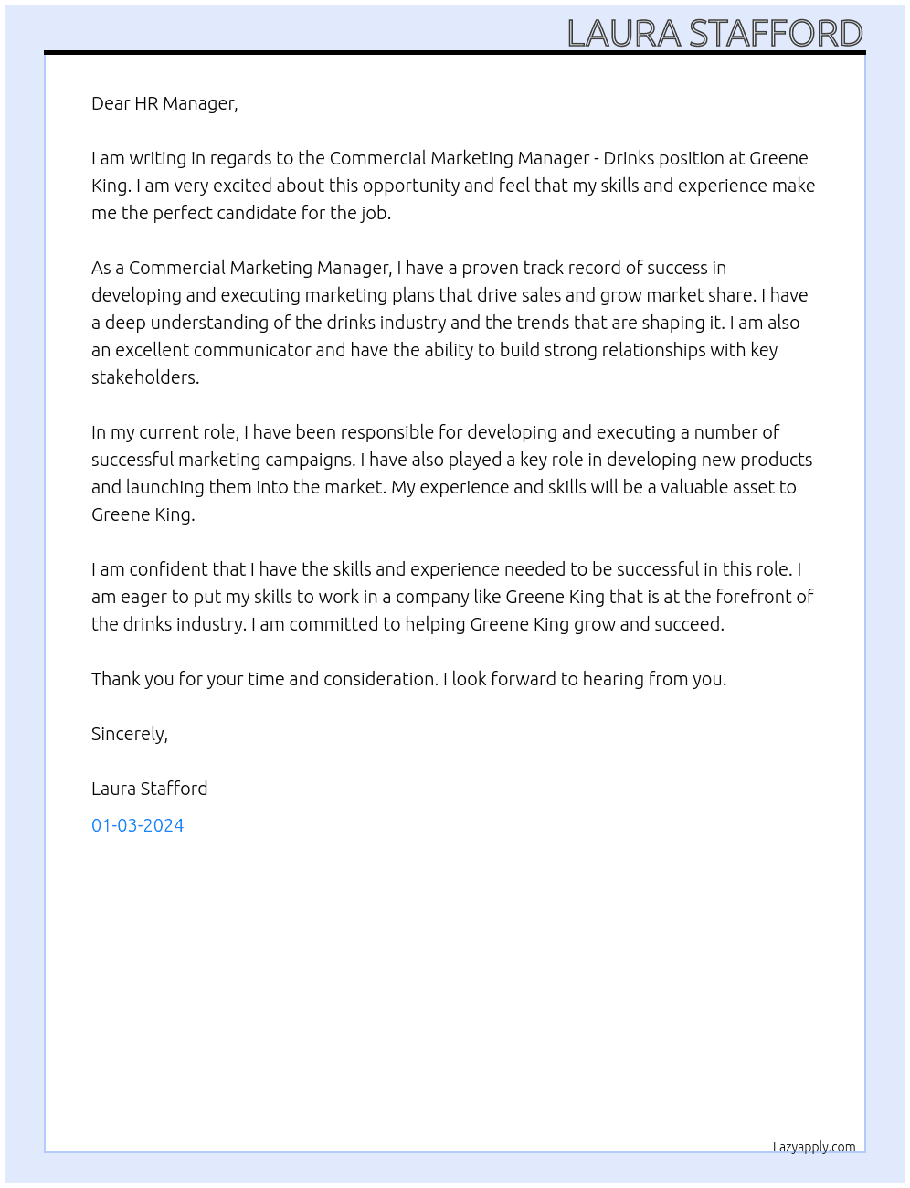 Commercial Marketing Manager - Drinks At Greene King Cover Letter