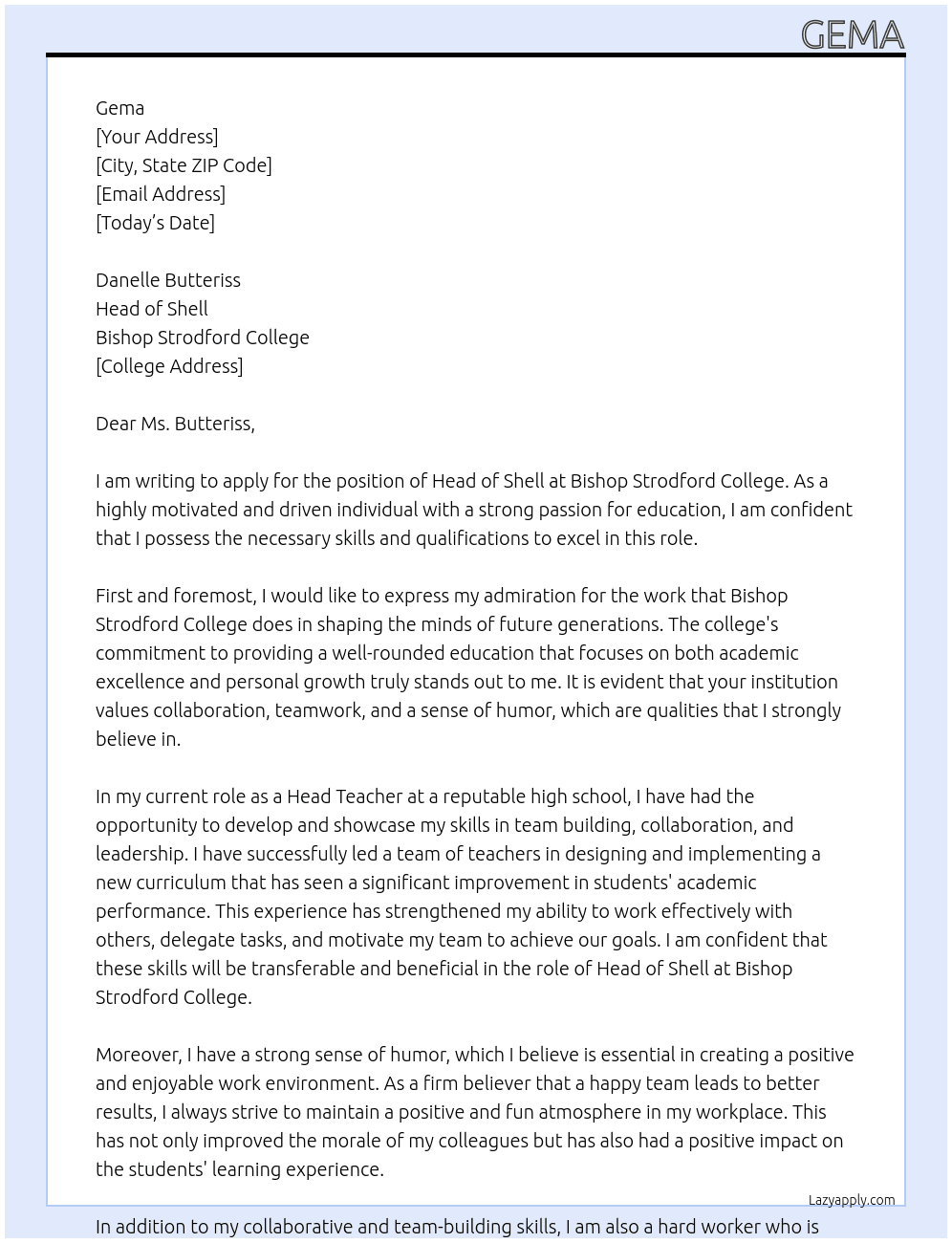 Head of Shell At Bishop Strodford College Cover Letter