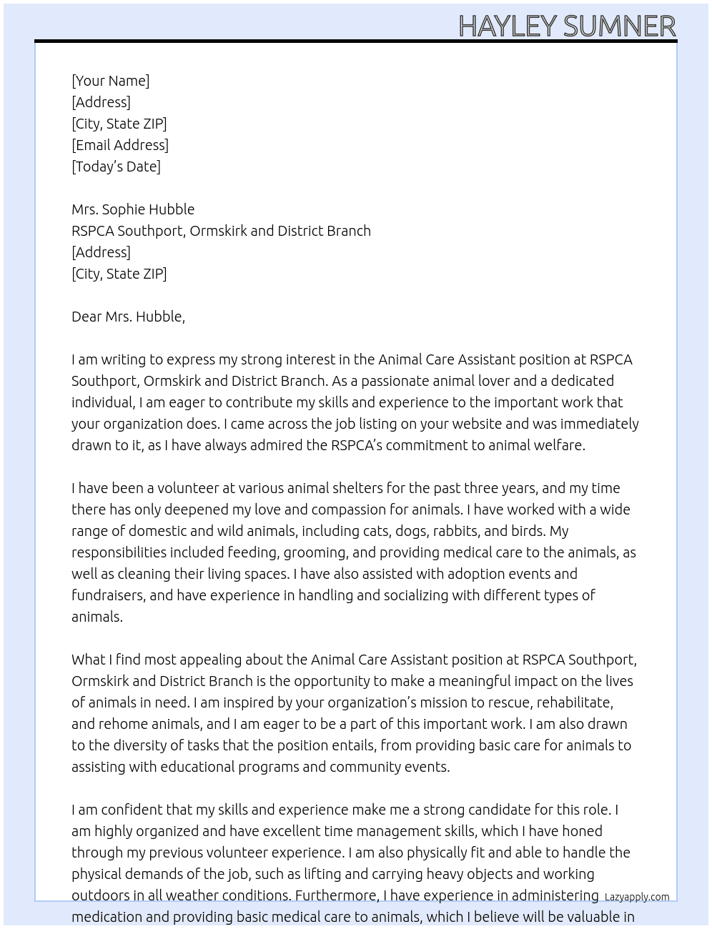 Animal Care Assistant At RSPCA Southport, Ormskirk and District Branch Cover Letter