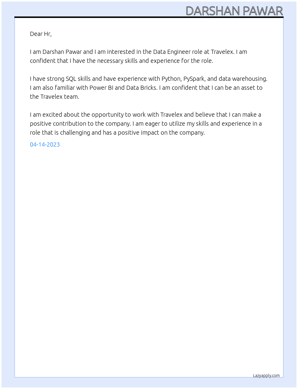 Data Engineer  At travelex Cover Letter