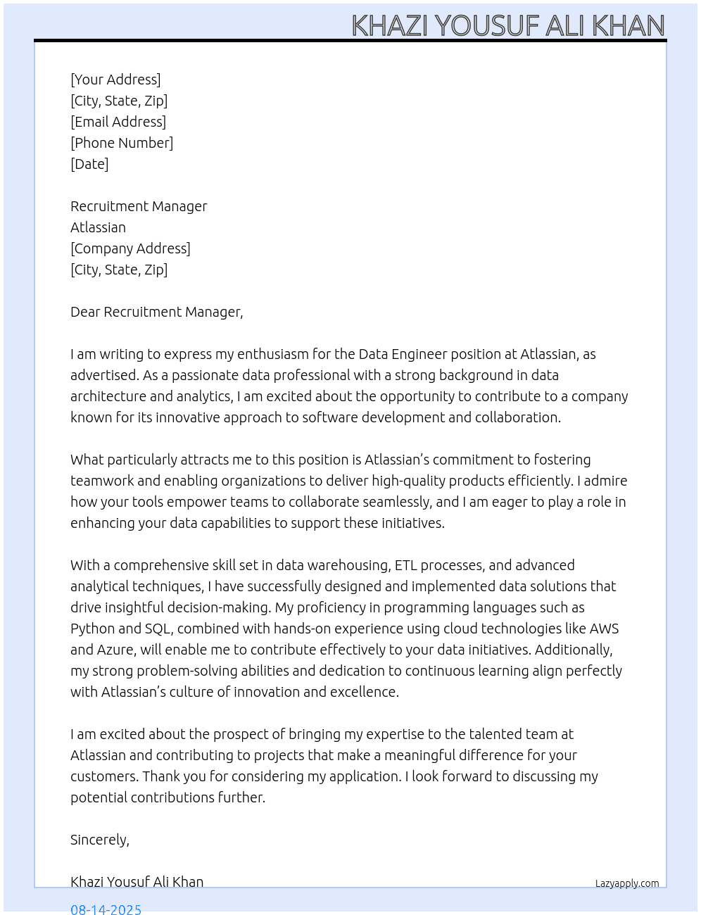 Data Engineer At Atlassian Cover Letter