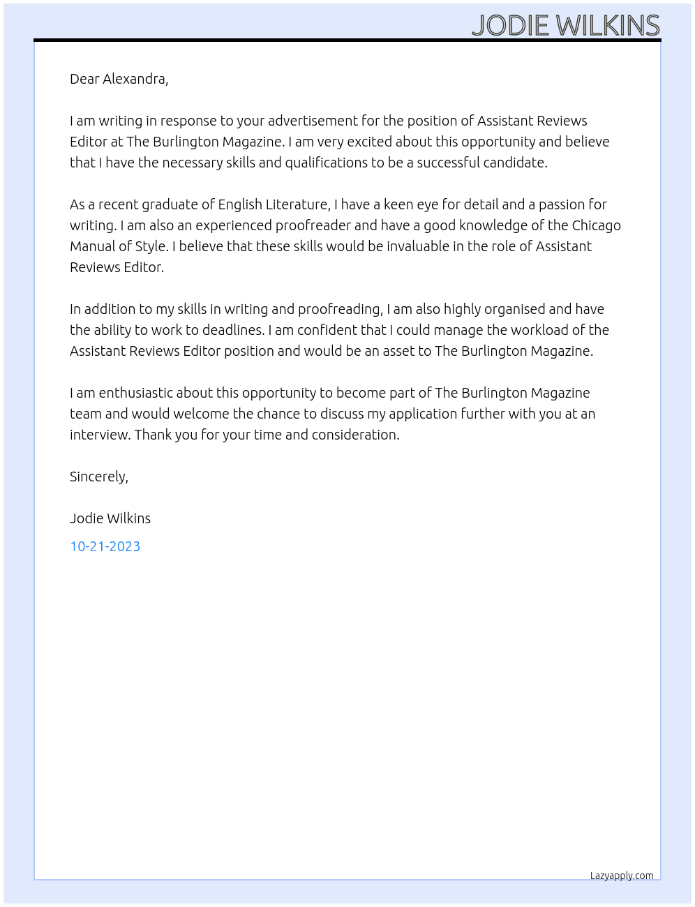 Assistant Reviews Editor At The Burlington Magazine Cover Letter