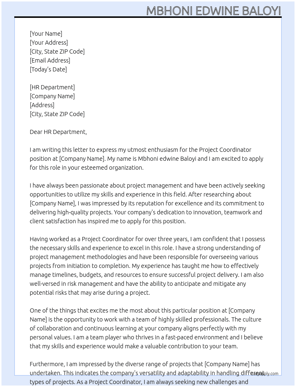 Project coordinator  At HR Department  Cover Letter