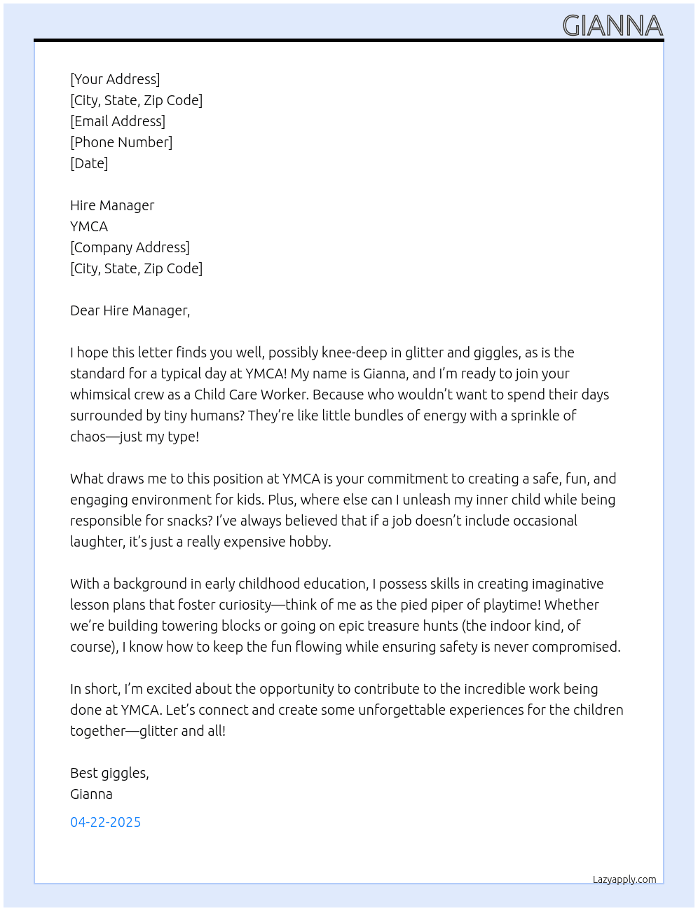 Child care worker At YMCA Cover Letter