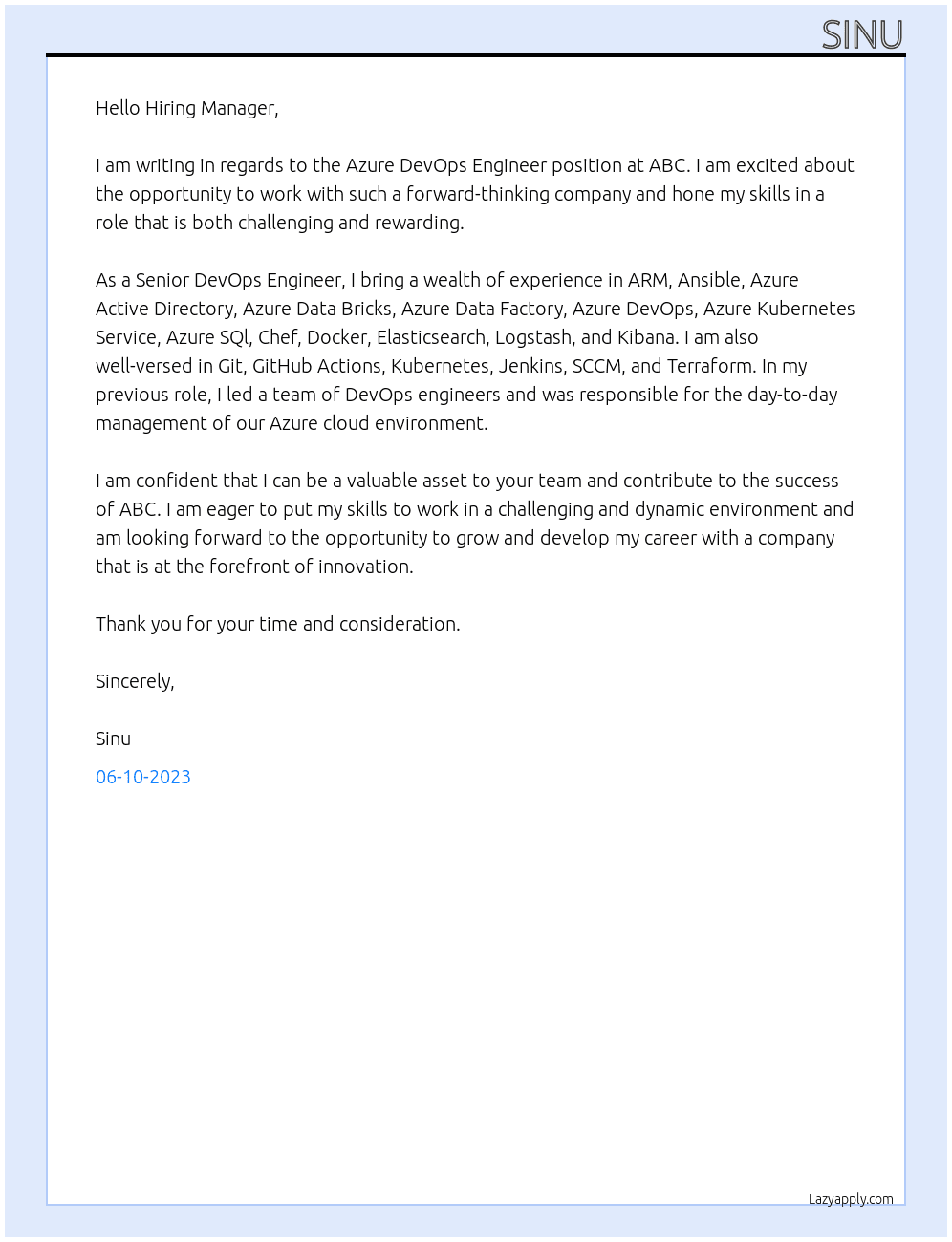 Azure DevOps Engineer At ABC Cover Letter