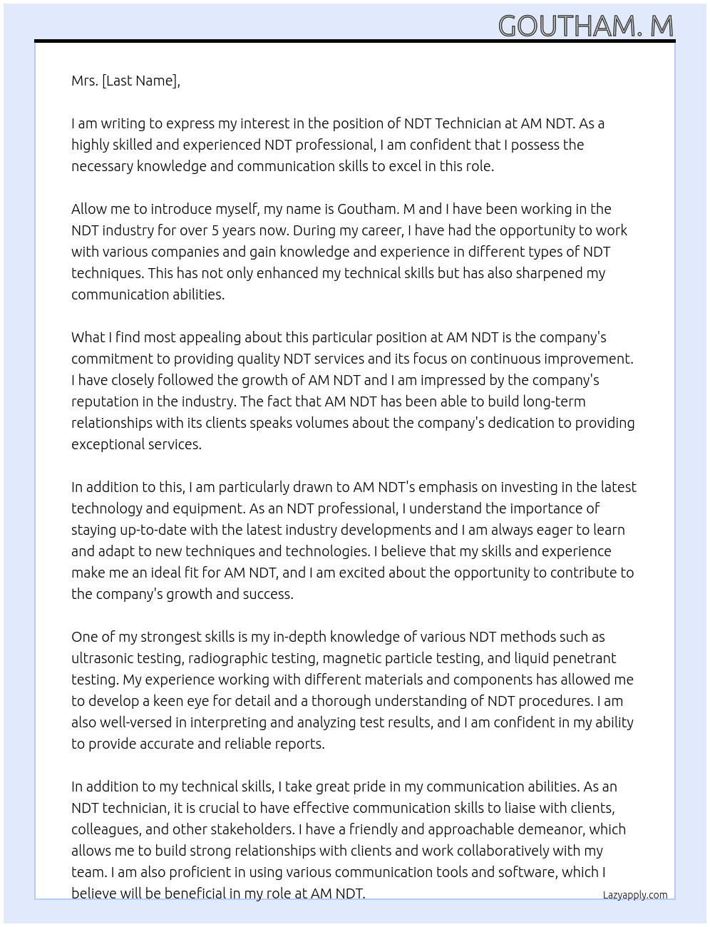 NDT technician At  AM NDT Cover Letter