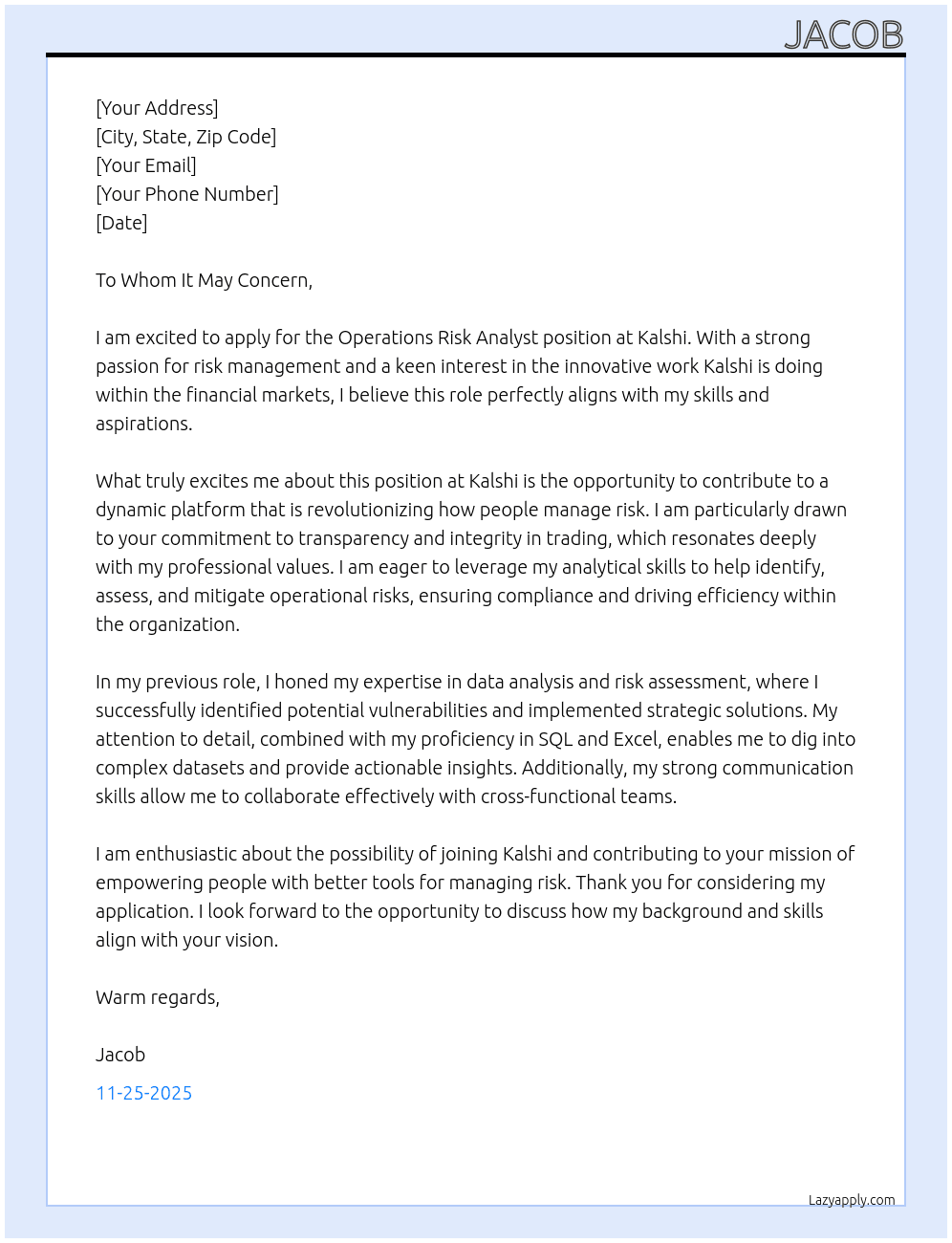 Operations Risk Analyst At Kalshi Cover Letter