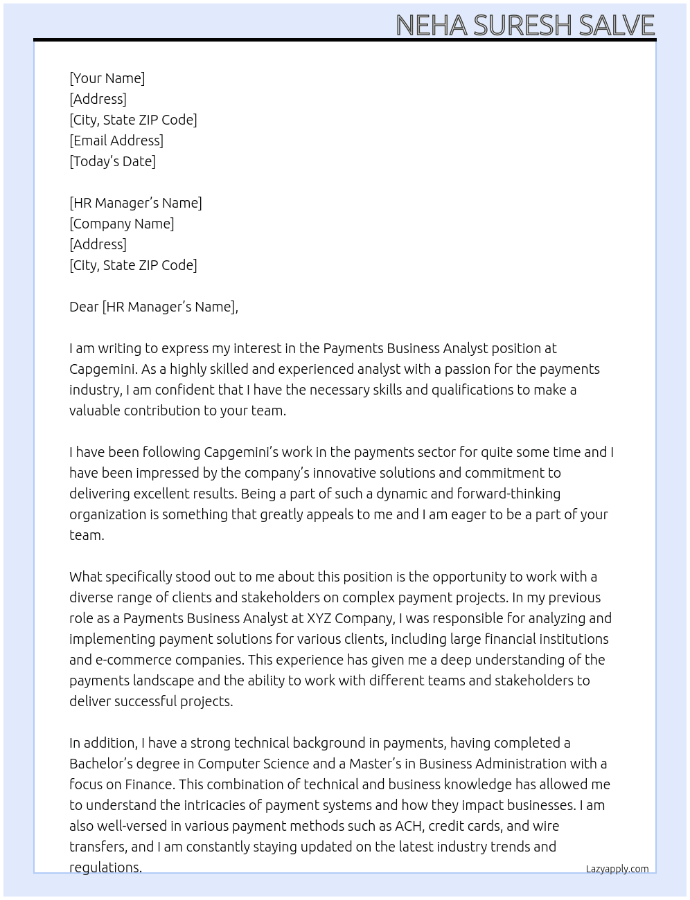 Cover letter for payments business analyst - LazyApply
