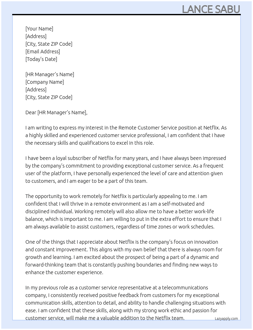Remote customer service At Netflix Cover Letter