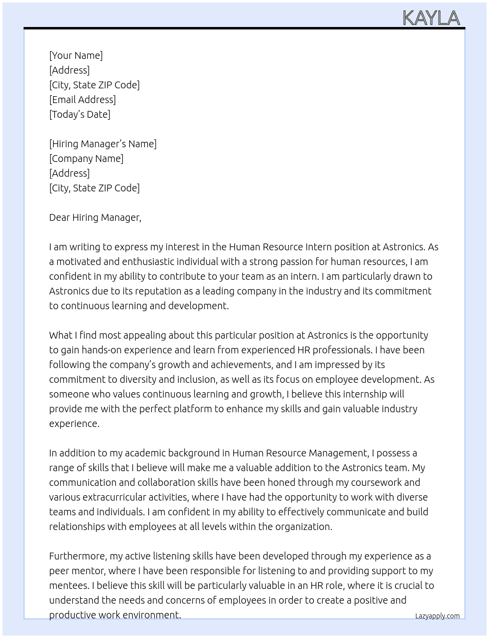 Human Resourse Intern  At Astronics Cover Letter